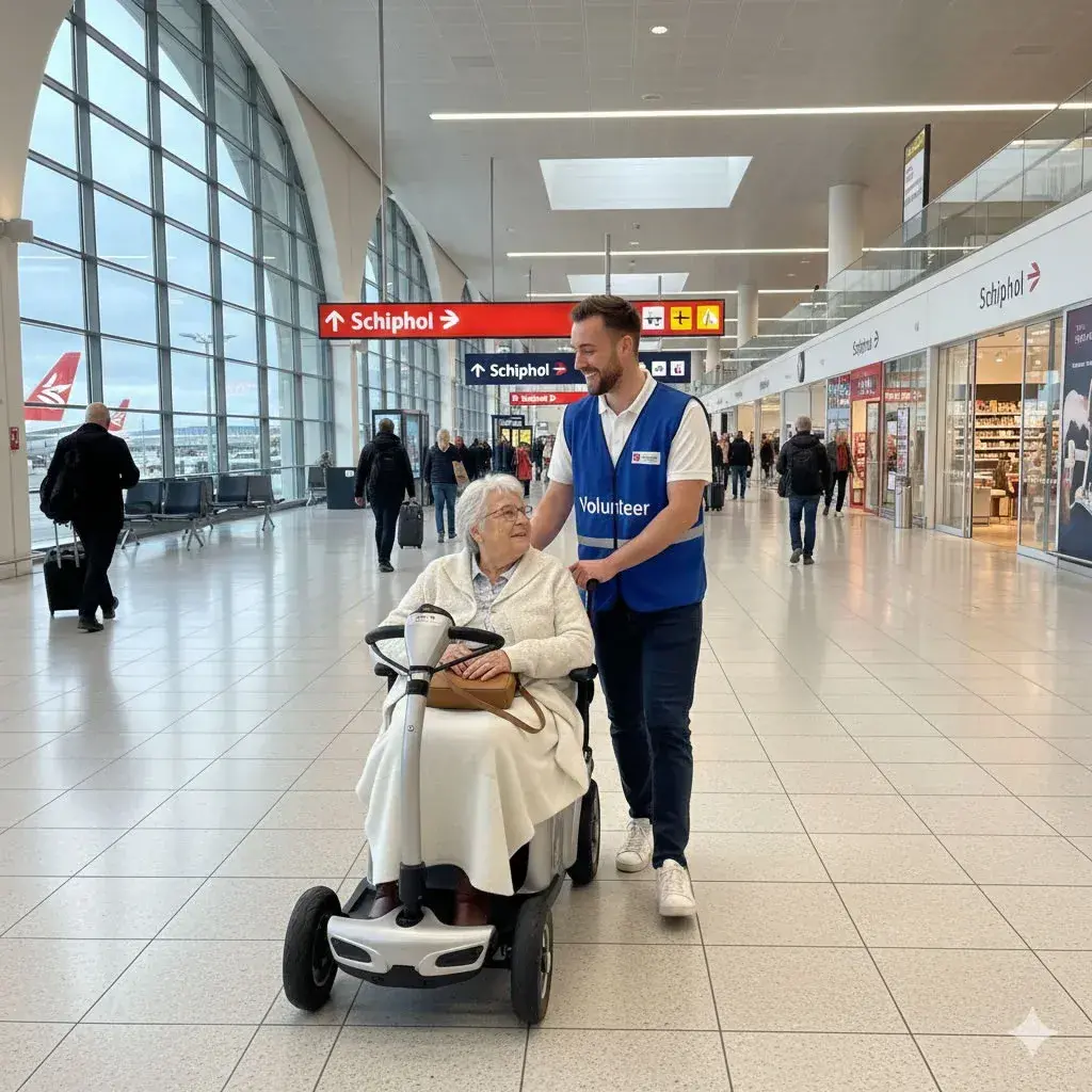 Airport assistant pushing an elderly woman in a wheelchair at Amsterdam Schiphol.
